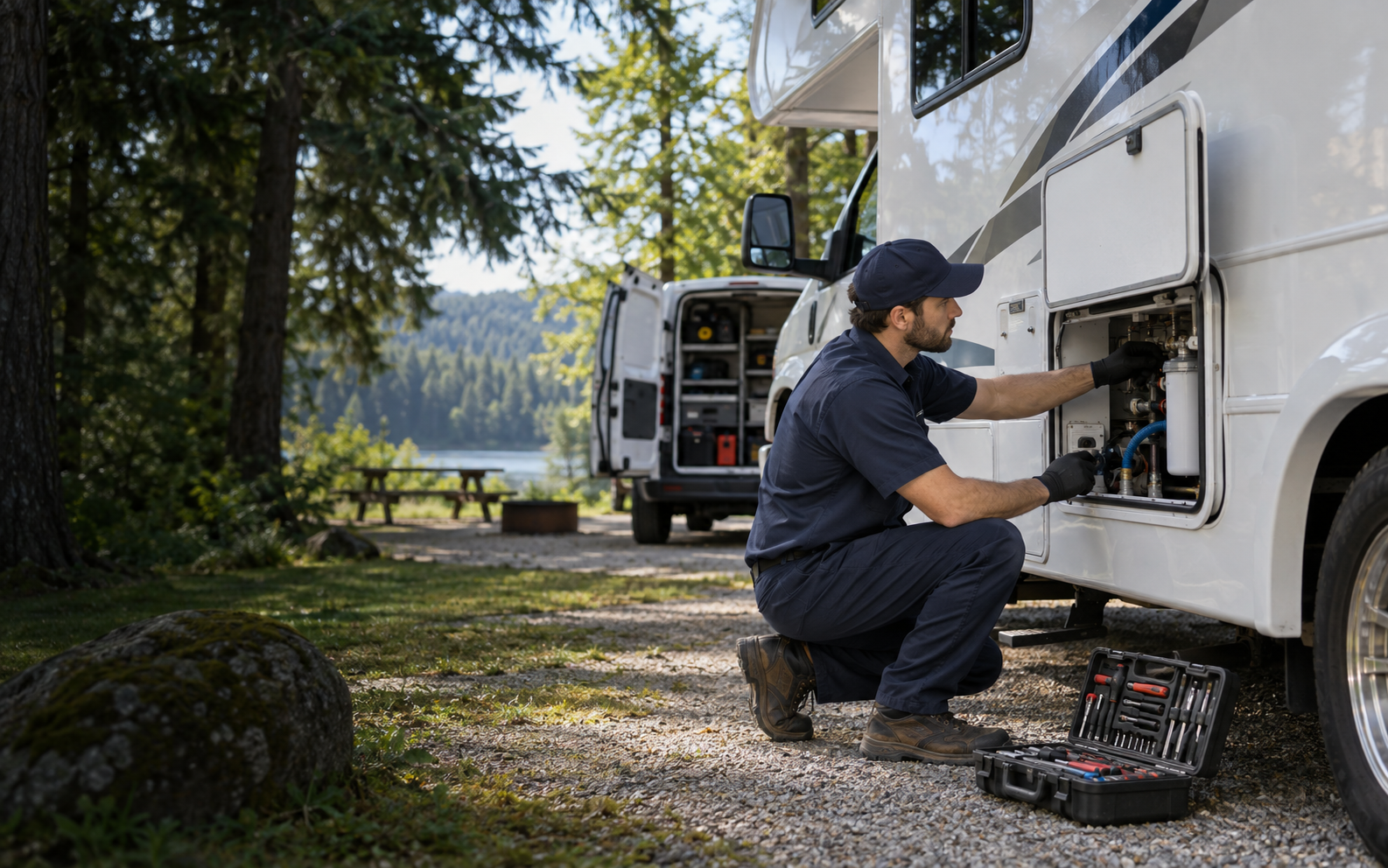 Mobile RV technician servicing a motorhome at a campground